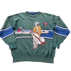 Hathaway Mens Retro Golf Sweater Hand Intarsia Green Graphic Knit Large Vintage